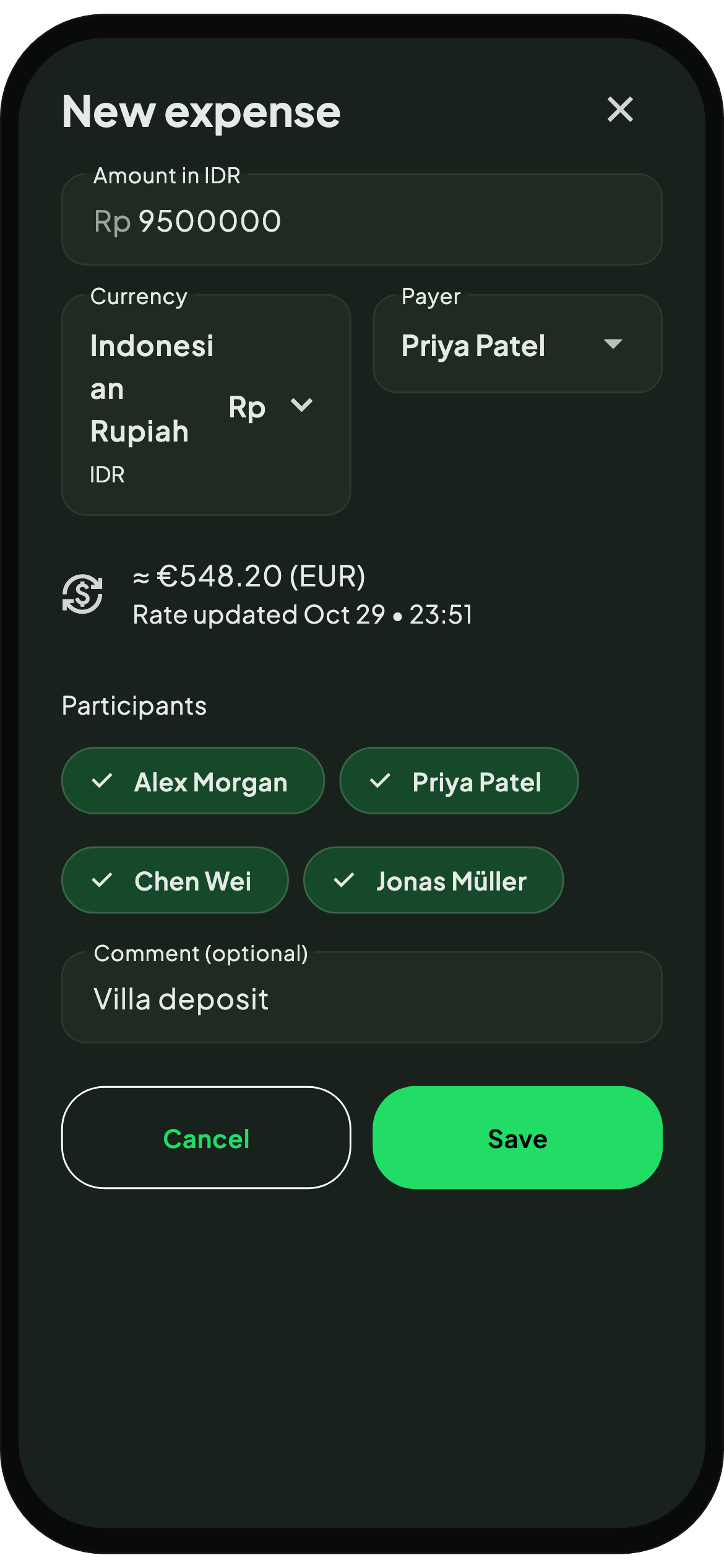 WhoPays expense entry with multi-currency conversion