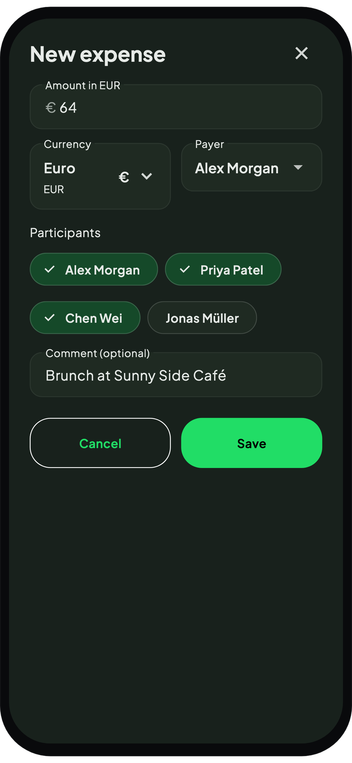 WhoPays expense entry flow with participants and notes