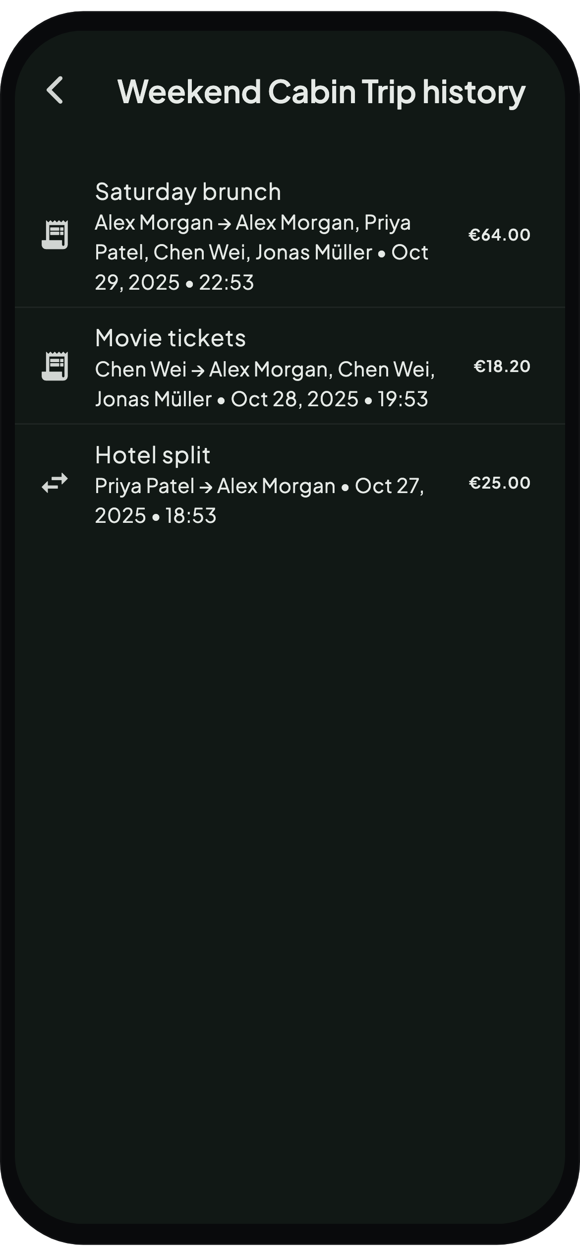 WhoPays activity history showing balance updates