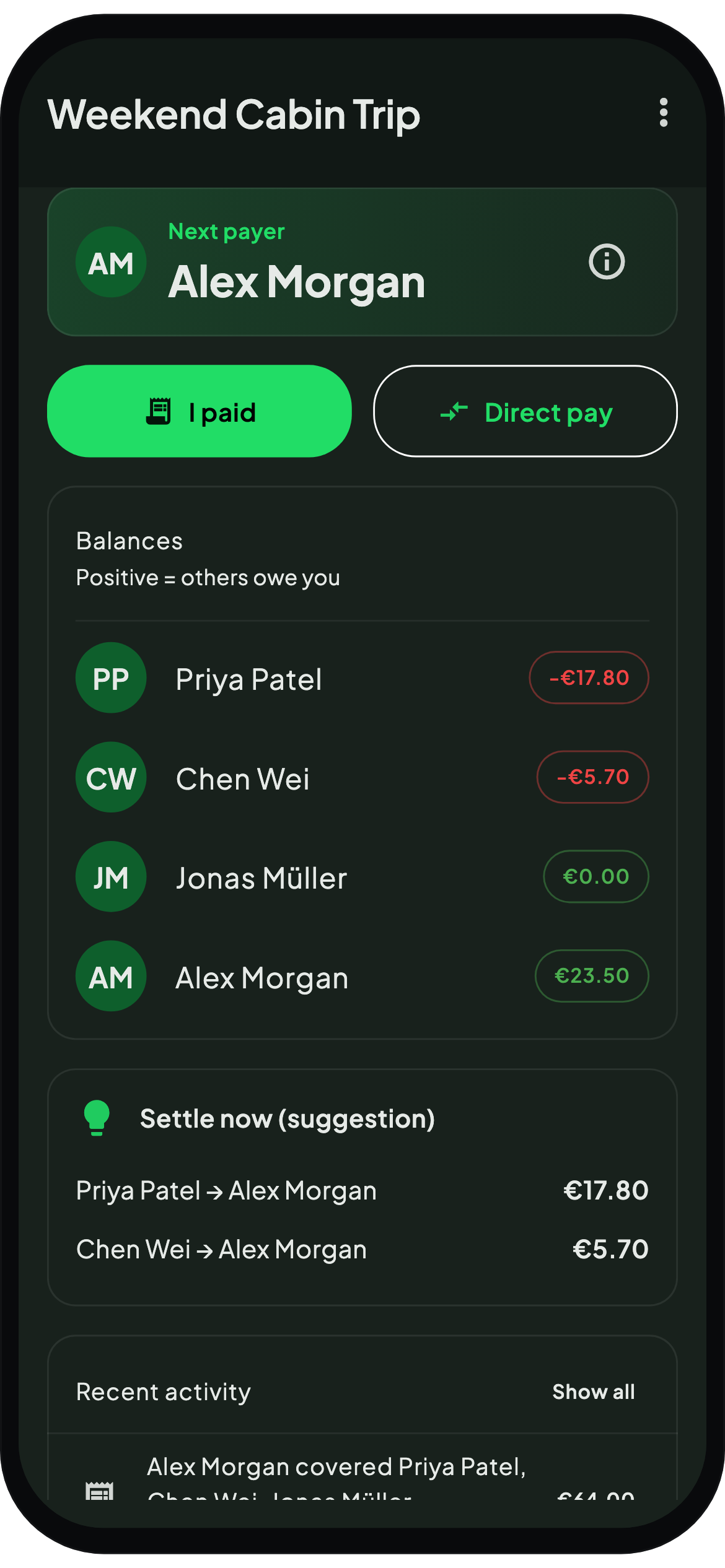 WhoPays home screen highlighting the next payer
